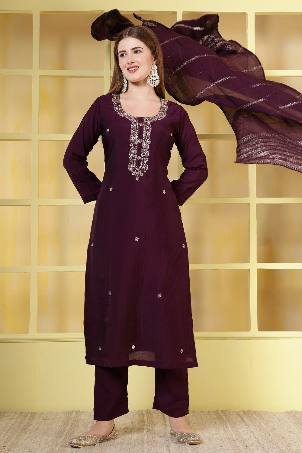 Dark Scarlet Silk Cut-Dana And Pearl Embroidered Suits