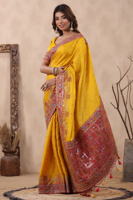 Mustard Color Embroidery Silk Saree