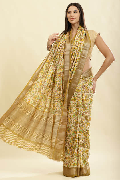 Olive Green & Beige Cotton Silk Floral Boota Printed Saree