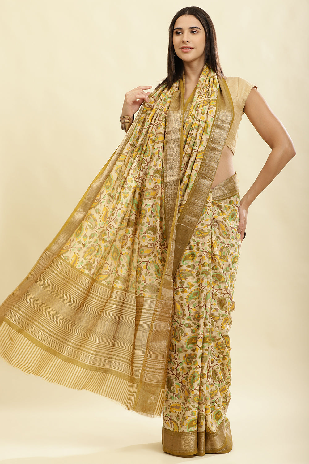 Olive Green & Beige Cotton Silk Floral Boota Printed Saree