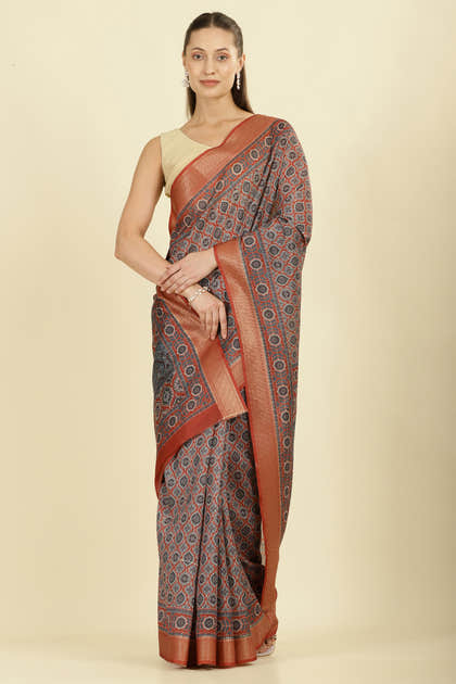 Rust Ajrakh Block Printed Cotton Saree