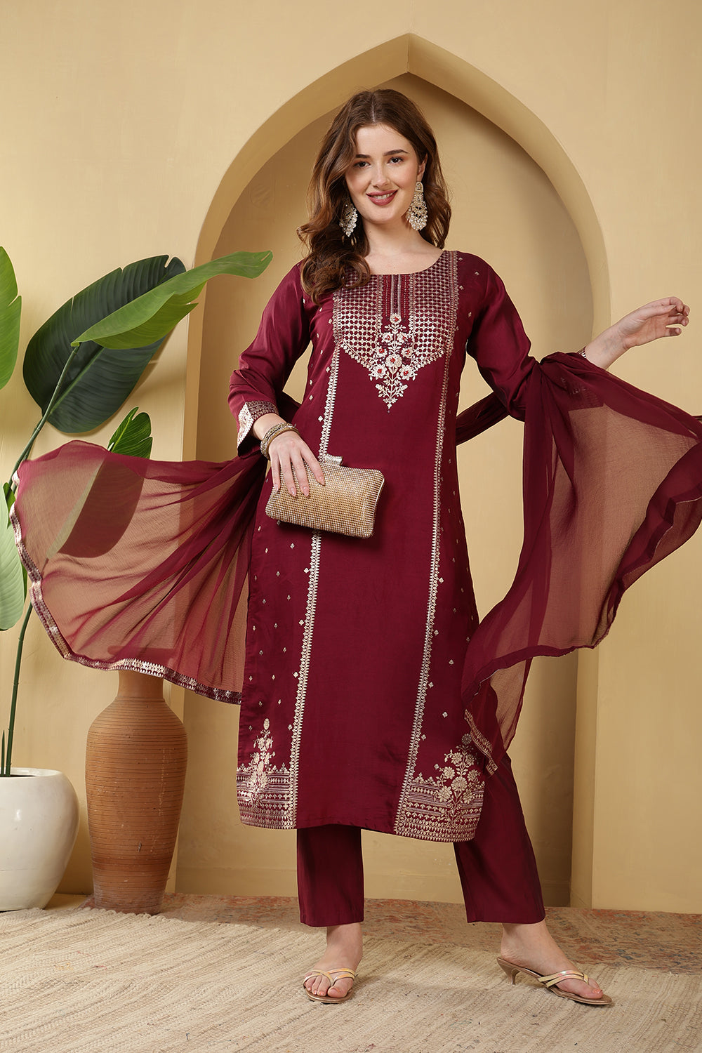 Burgundy Color Cotton Silk Printed & Neck Embroidered Suit