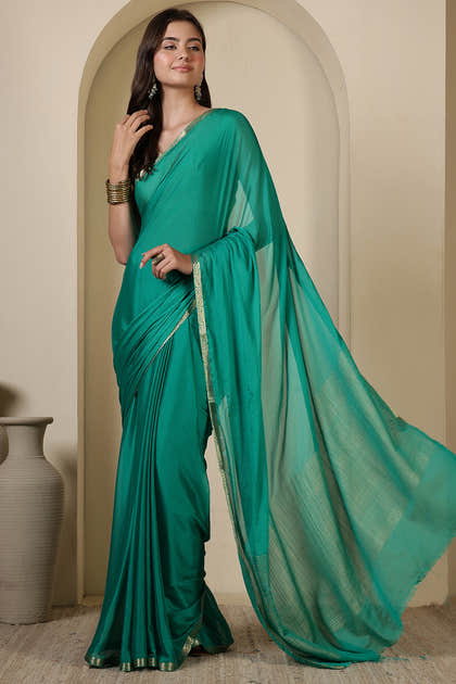Teal Chiffon Zari Border Saree