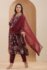 Dark Scarlet Color Crepe Alia-Cut Floral Printed Suit
