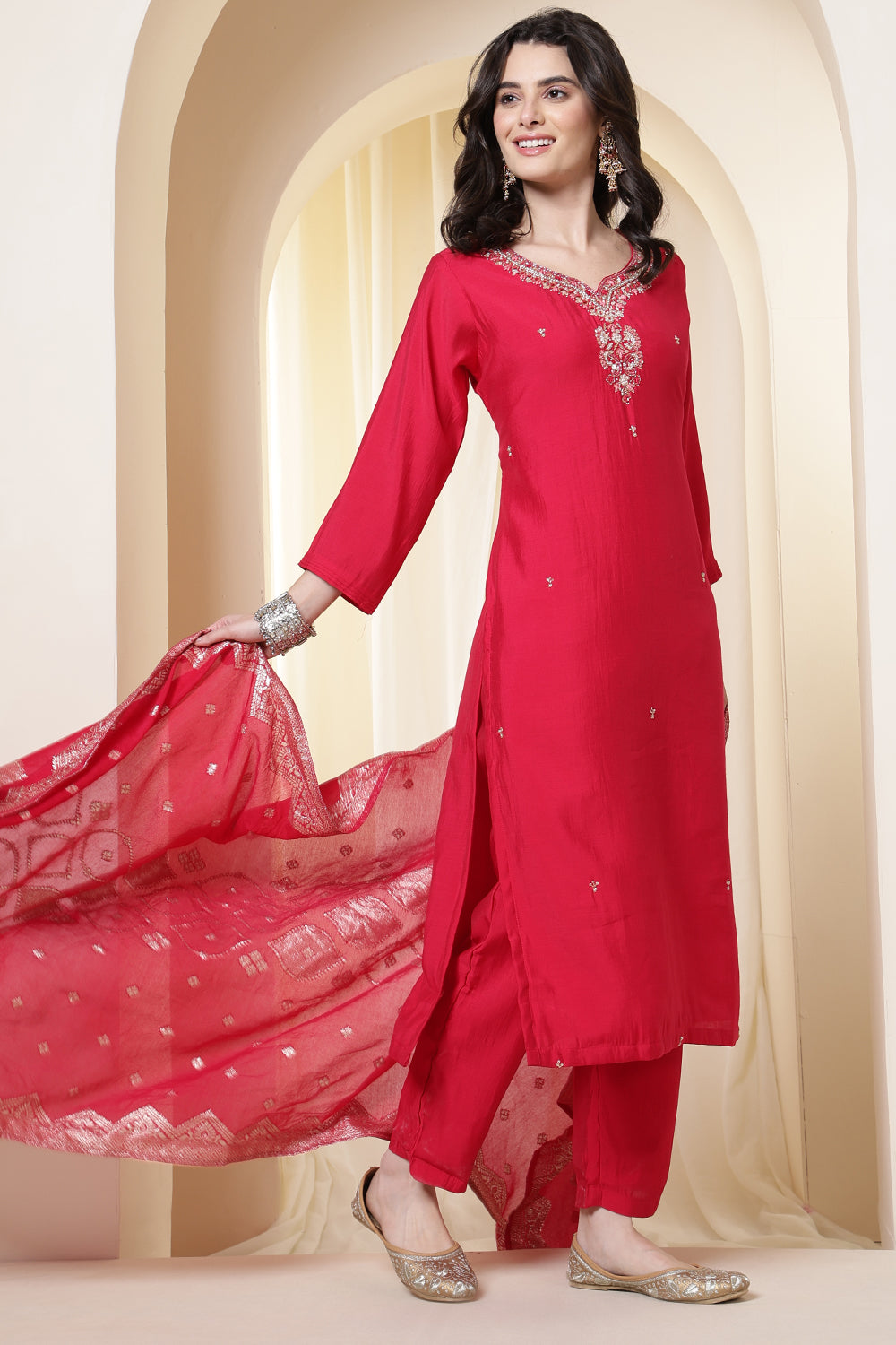 Rani Silk Neck Embroidered Suit Set With Woven Dupatta