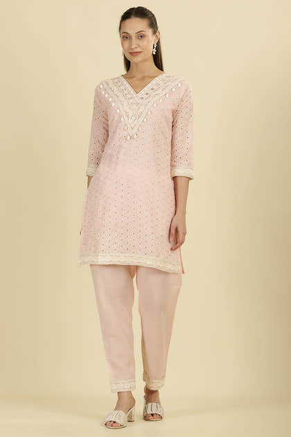 Pink Cotton Hacoba Style Neck-Embroidered Kurta Set