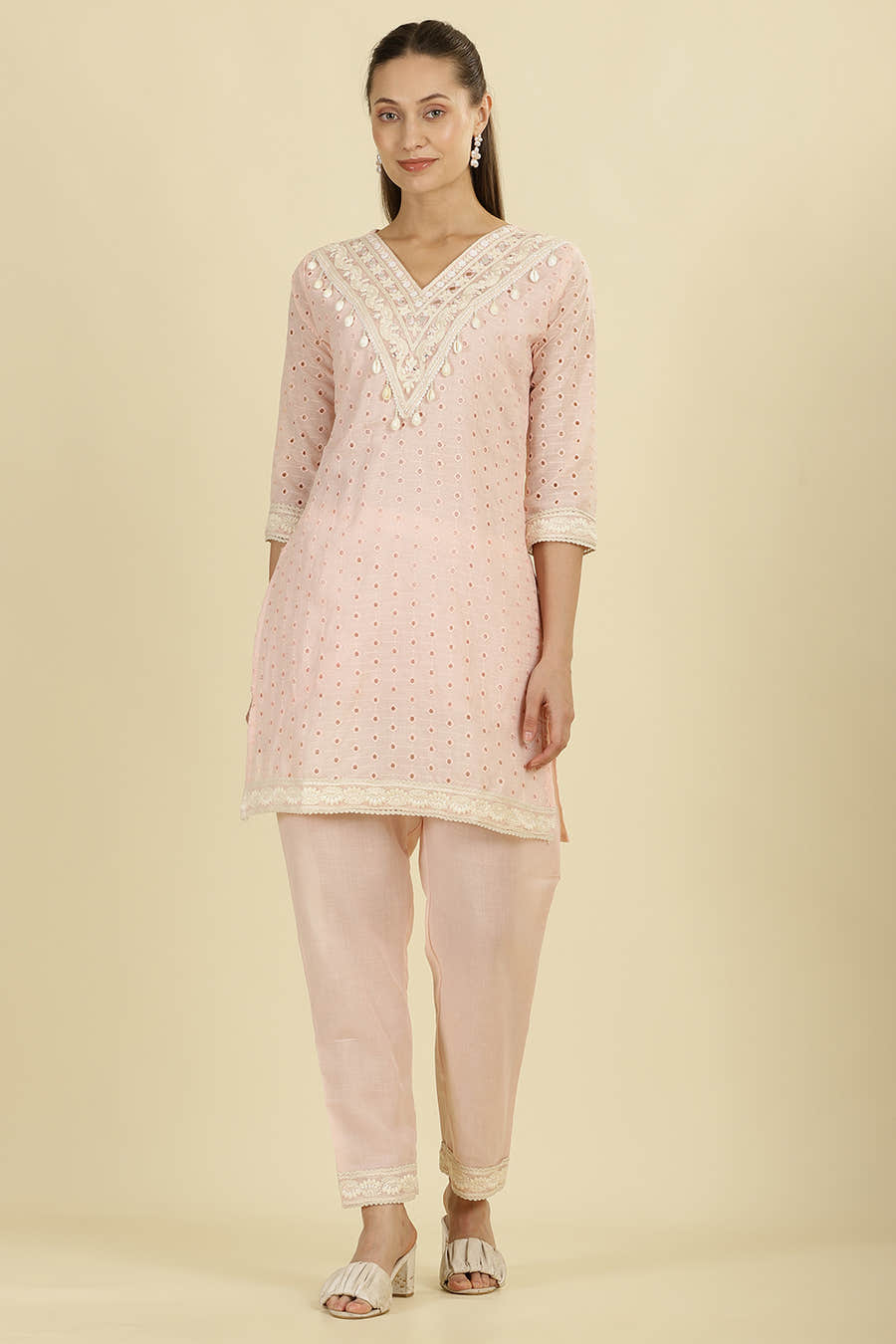 Pink Cotton Hacoba Style Neck-Embroidered Kurta Set