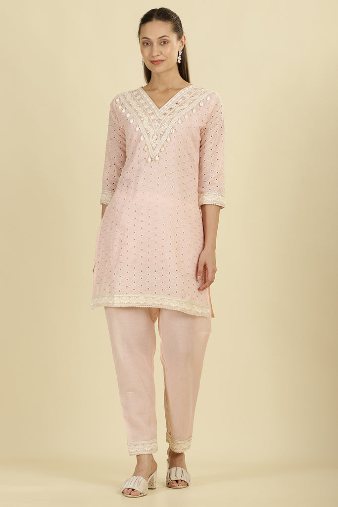 Pink Cotton Hacoba Style Neck-Embroidered Kurta Set