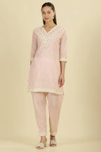 Pink Cotton Hacoba Style Neck-Embroidered Kurta Set