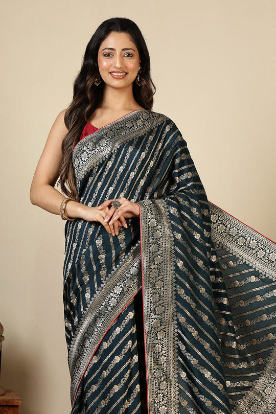 Navy Banarasi Woven Tussar Silk Saree