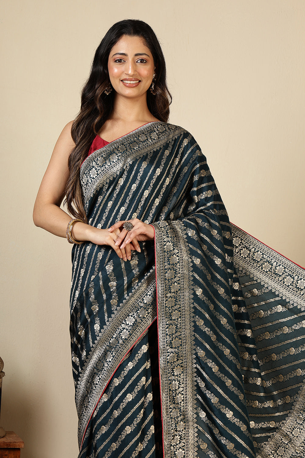 Navy Banarasi Woven Tussar Silk Saree