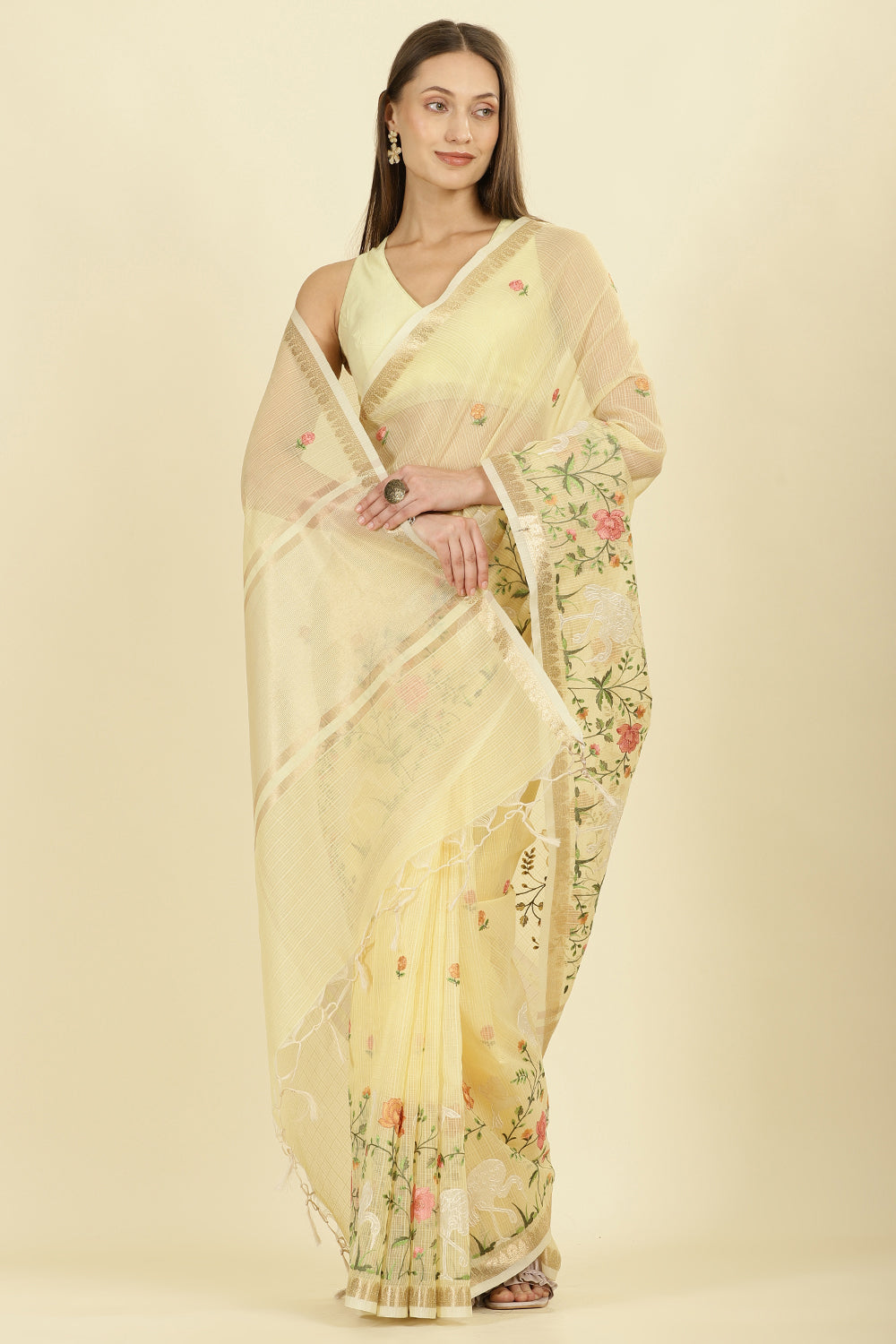 Yellow Kota Cotton Floral Resham Embroidered And Zari Woven Saree