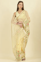 Yellow Kota Cotton Floral Resham Embroidered And Zari Woven Saree
