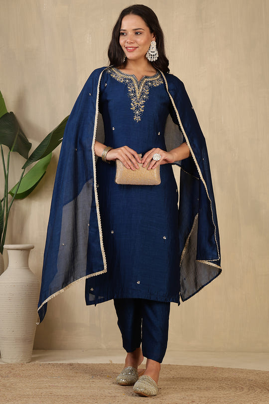 Navy Crepe Silk Neck Embroidered Suit