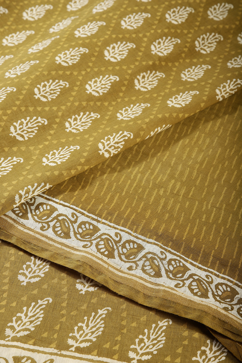 Olive Green Color Cotton Hand-Block Style Printed Saree