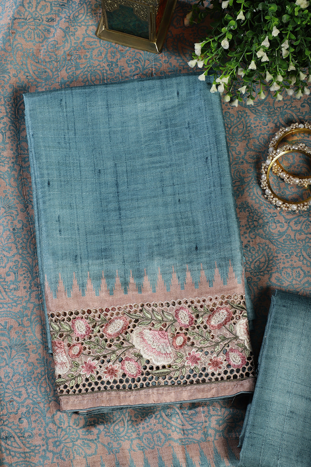 Cadet Blue Tussar Cotton Floral Lace Work Unstiched Suit Material