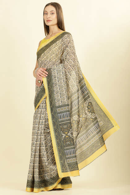 Olive Green Ajrakh Block Printed Cotton Saree