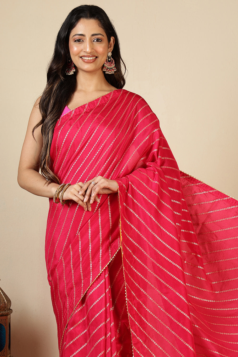 Red Modal Silk Saree with Zari Pinstripes