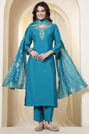 Purple Silk Neck Embroidered Suit Set With Woven Dupatta