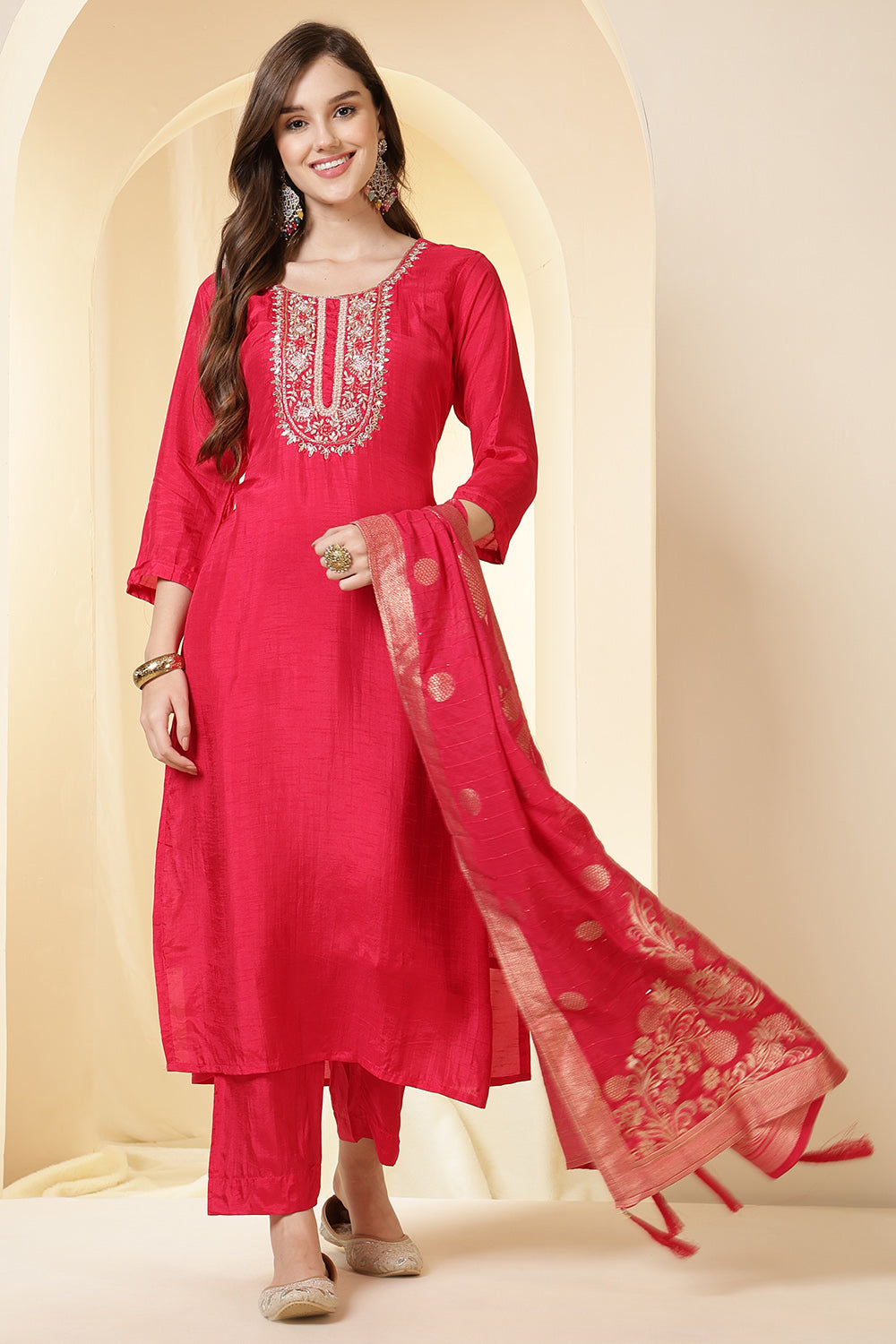 Coral Pink Color Silk Suit Set With Neck Embroidered