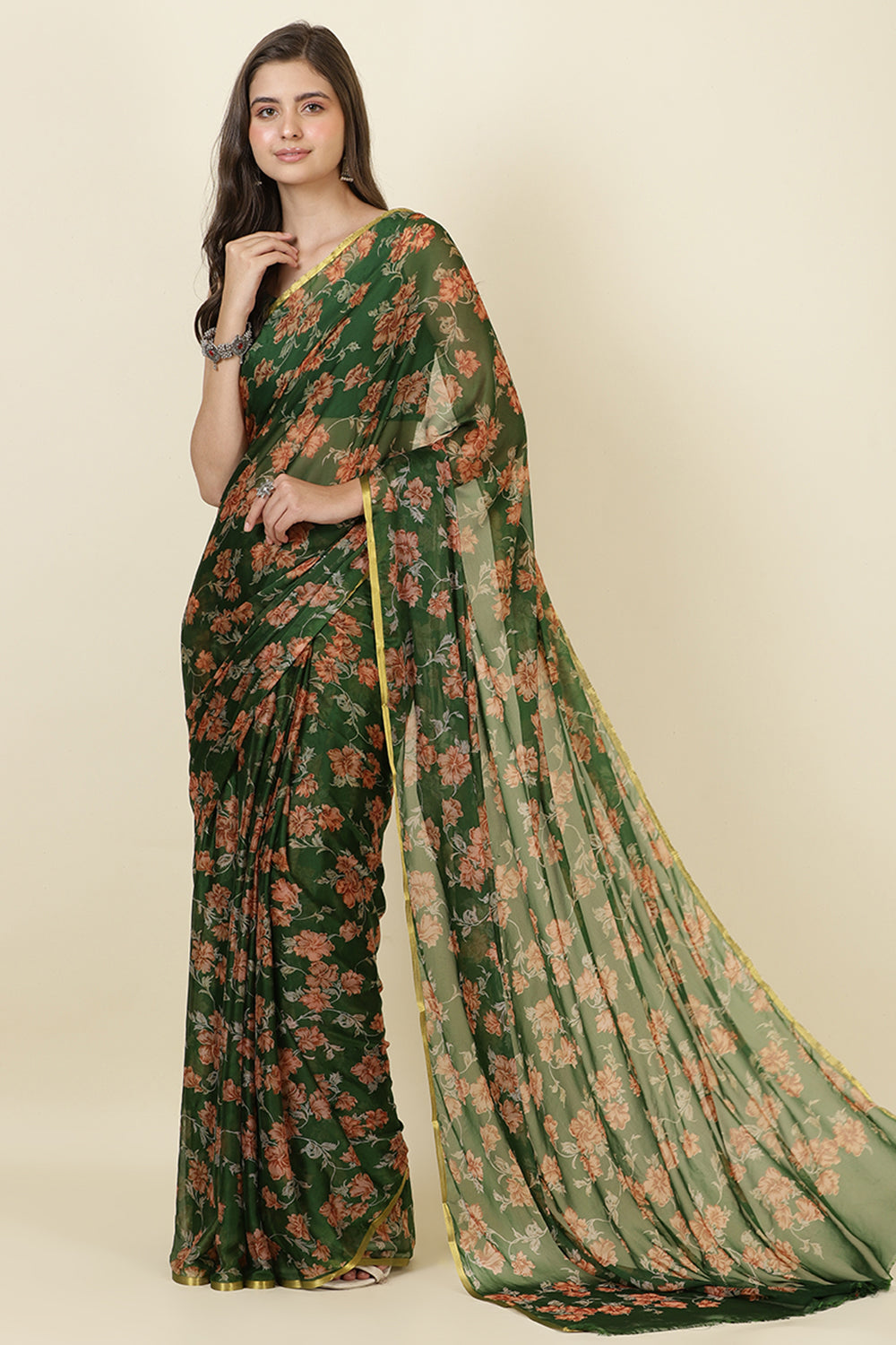 Green Zari Border & Floral Printed Chiffon Saree