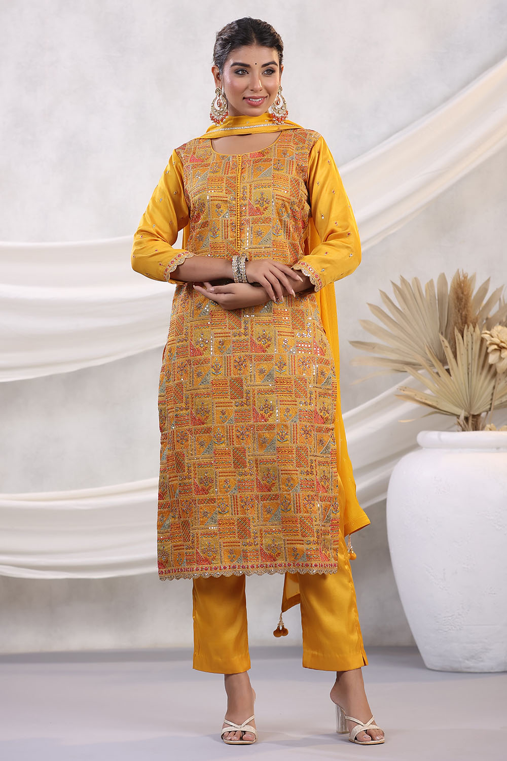 Mustard Color Embroidered Georgette Unstitched Suit Fabric