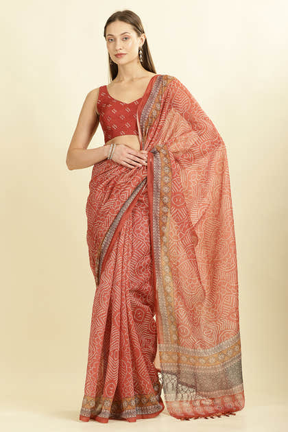 Rust Bandhani Printed Cotton Saree