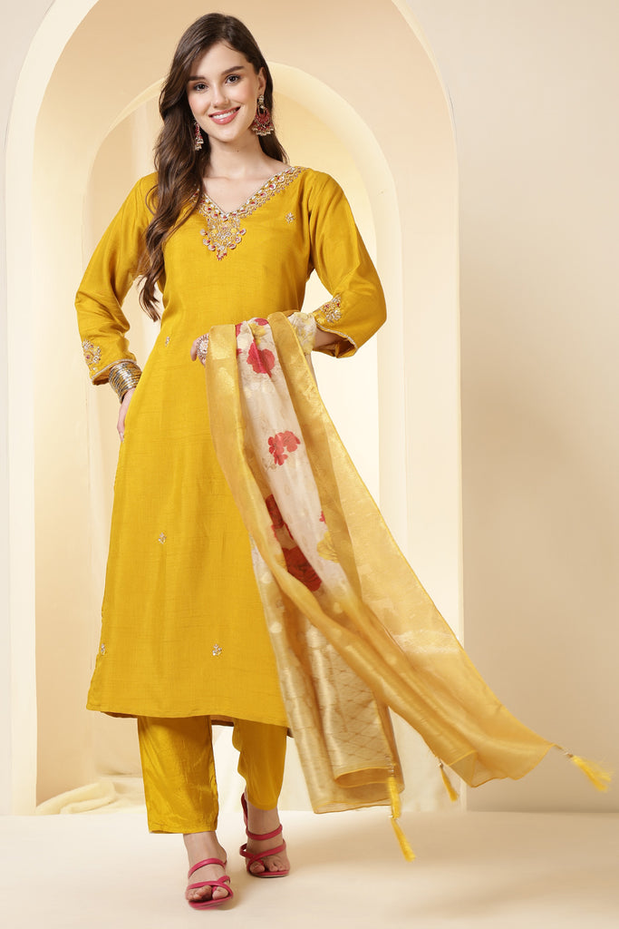 Mustard Color Silk Suit Set With Neck Embroidered & Floral Printed Dupatta