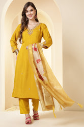 Mustard Color Silk Suit Set With Neck Embroidered & Floral Printed Dupatta