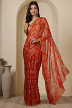 Orange Chiffon Floral Zari Border & Floral Printed Saree