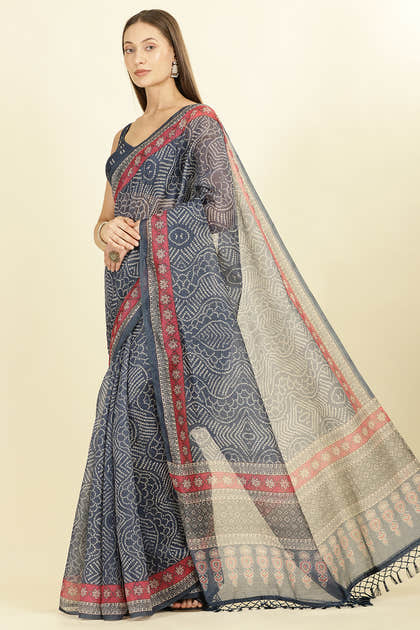 Navy Bandhani Printed Cotton Saree