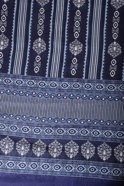 Blue And White Cotton Zari Border & Floral Block Print Unstitched Suit Material