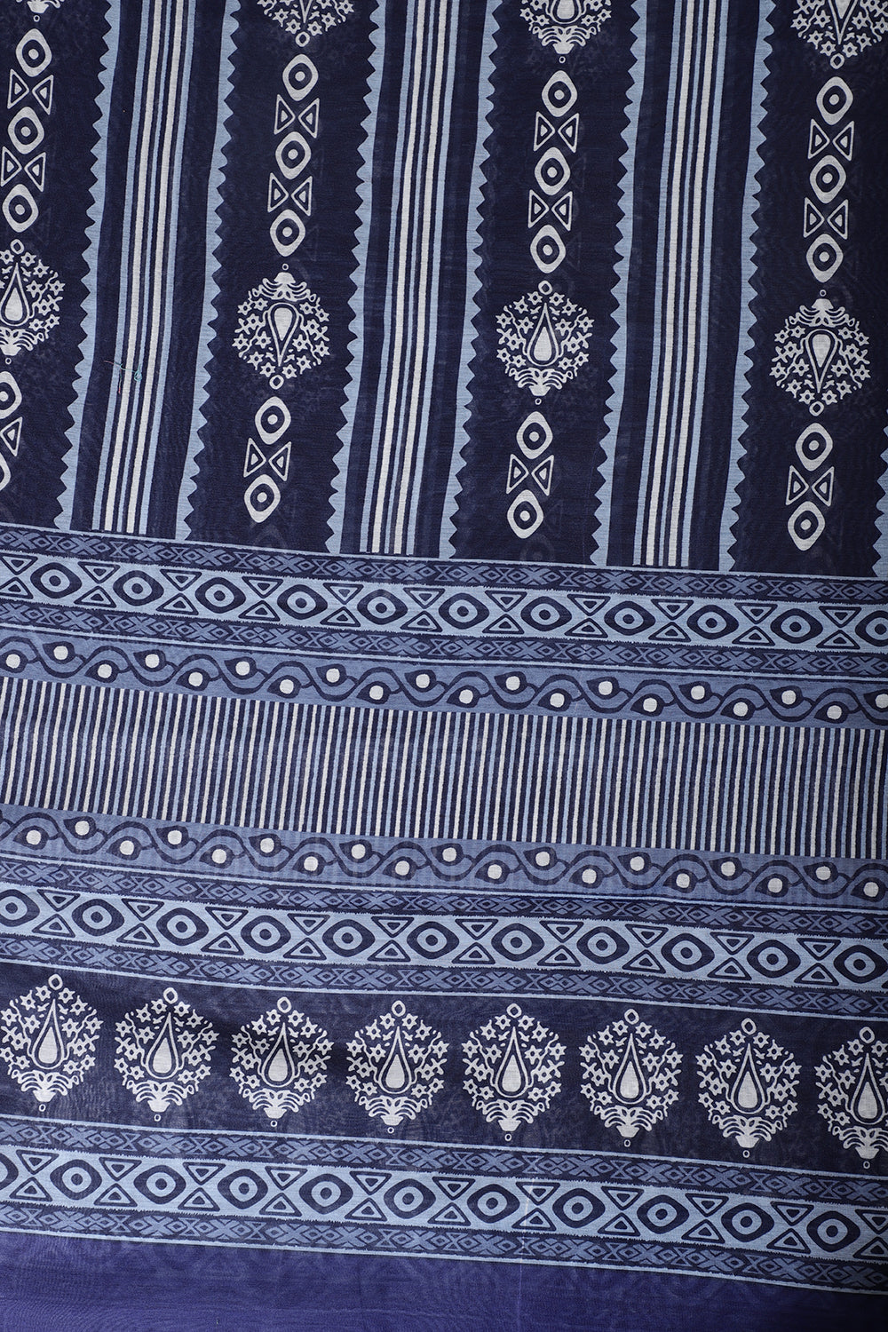 Blue And White Cotton Zari Border & Floral Block Print Unstitched Suit Material