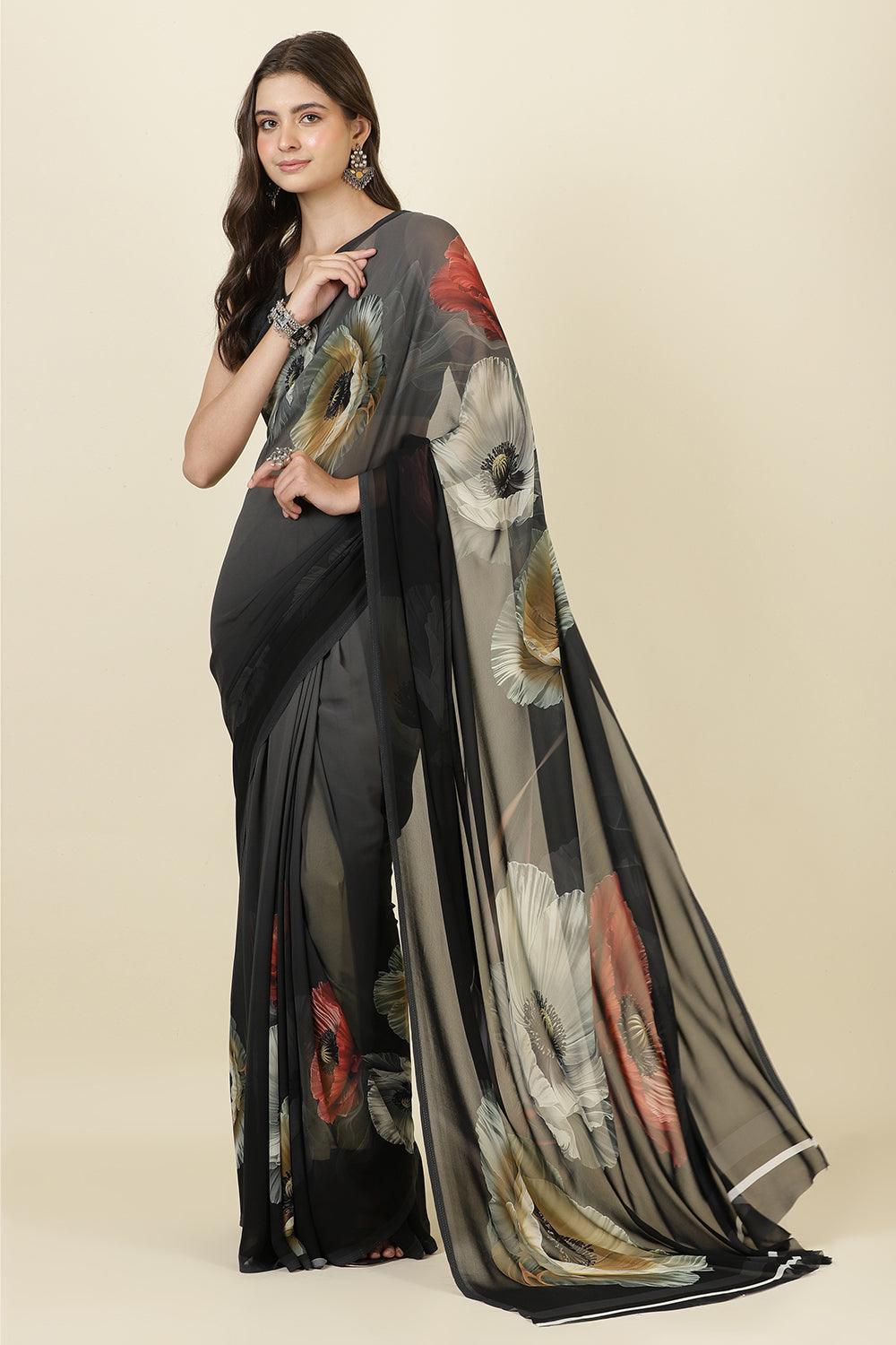 Black Georgette Floral Printed Saree
