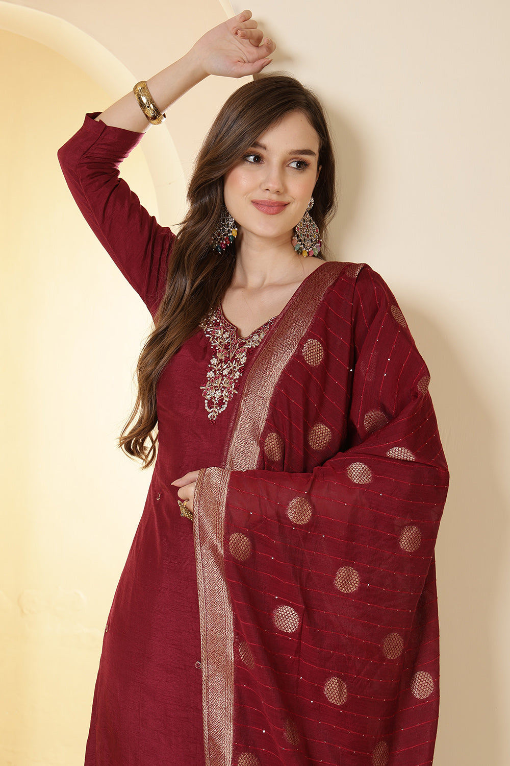 Maroon Color Silk Neck Embroidered Suit Set