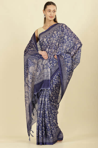 Indigo Kota Cotton Floral Jaal Printed Saree