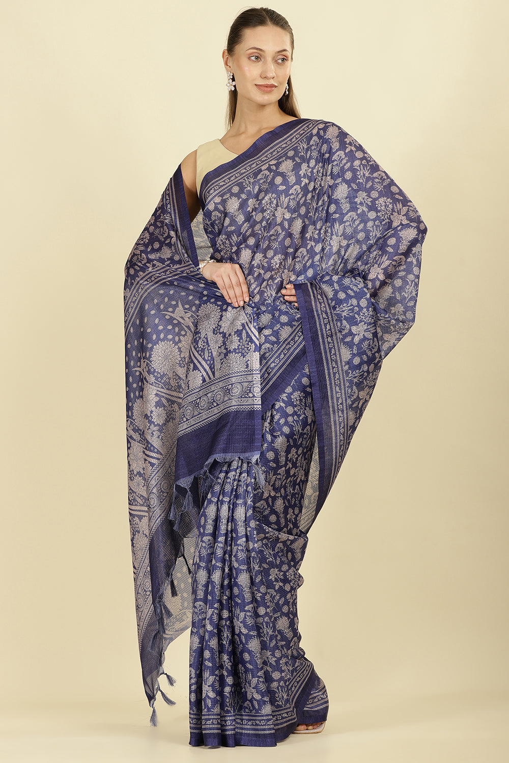 Indigo Kota Cotton Floral Jaal Printed Saree