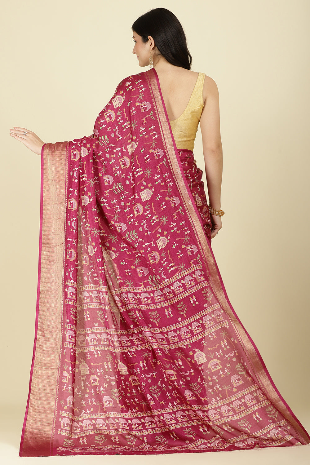 Dark Magenta Cotton Silk Printed Saree