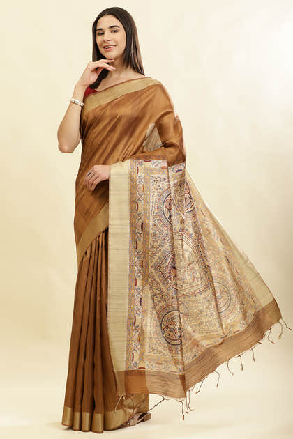 Brown Color Cotton Silk Madhubani Print Saree