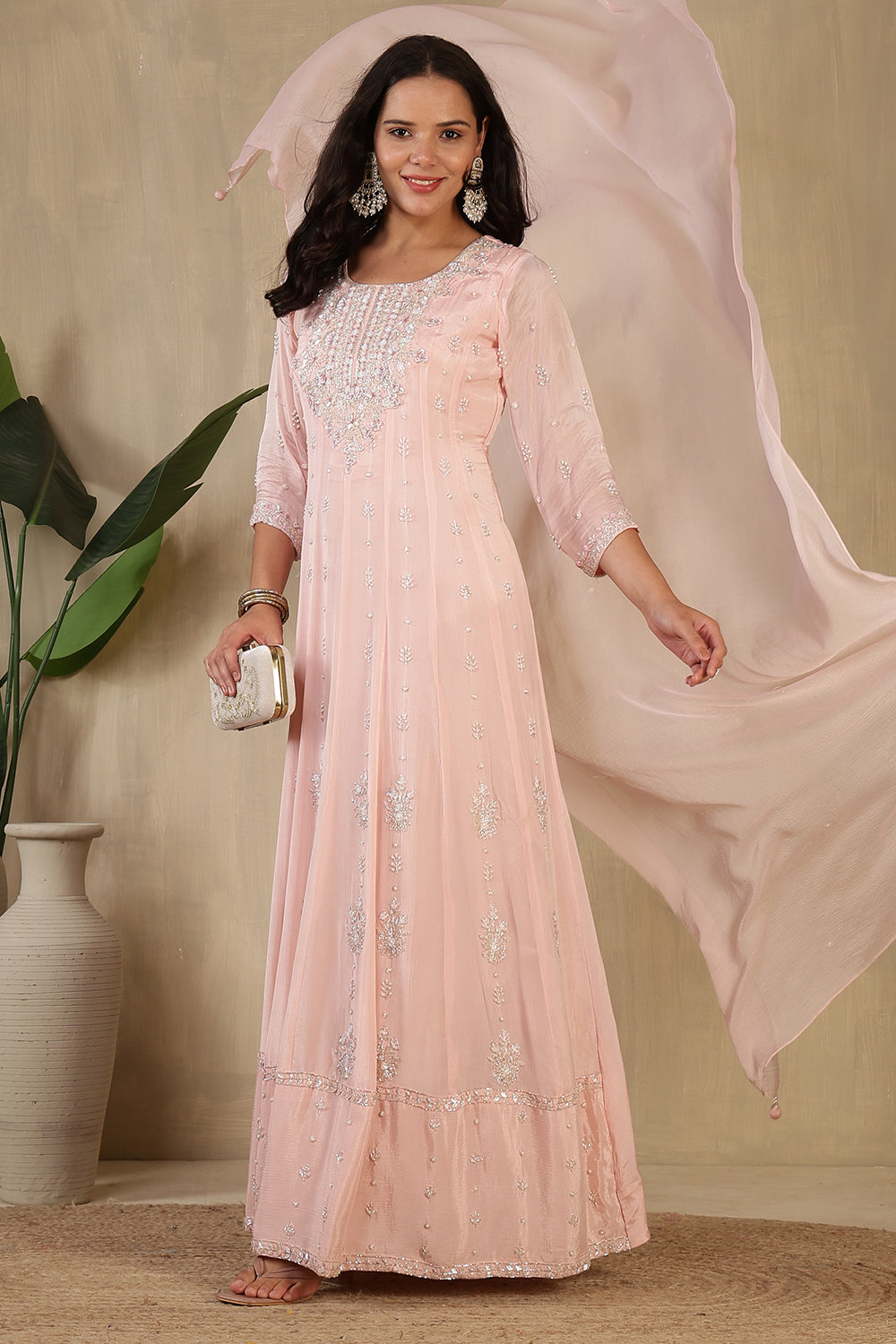 Baby Pink Embroidred Crepe Silk Anarkali Suit