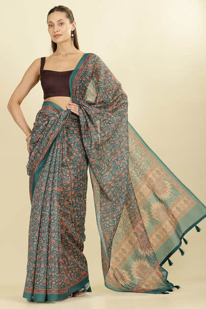 Teal Green Floral Printed Cotton Silk Saree