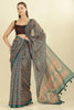 Teal Green Floral Printed Cotton Silk Saree