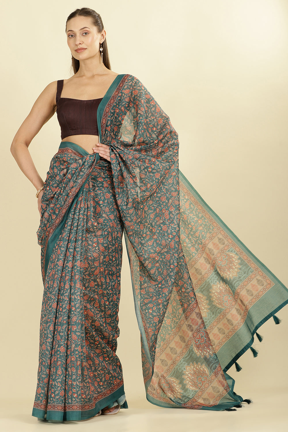 Teal Green Floral Printed Cotton Silk Saree