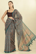 Teal Green Floral Printed Cotton Silk Saree