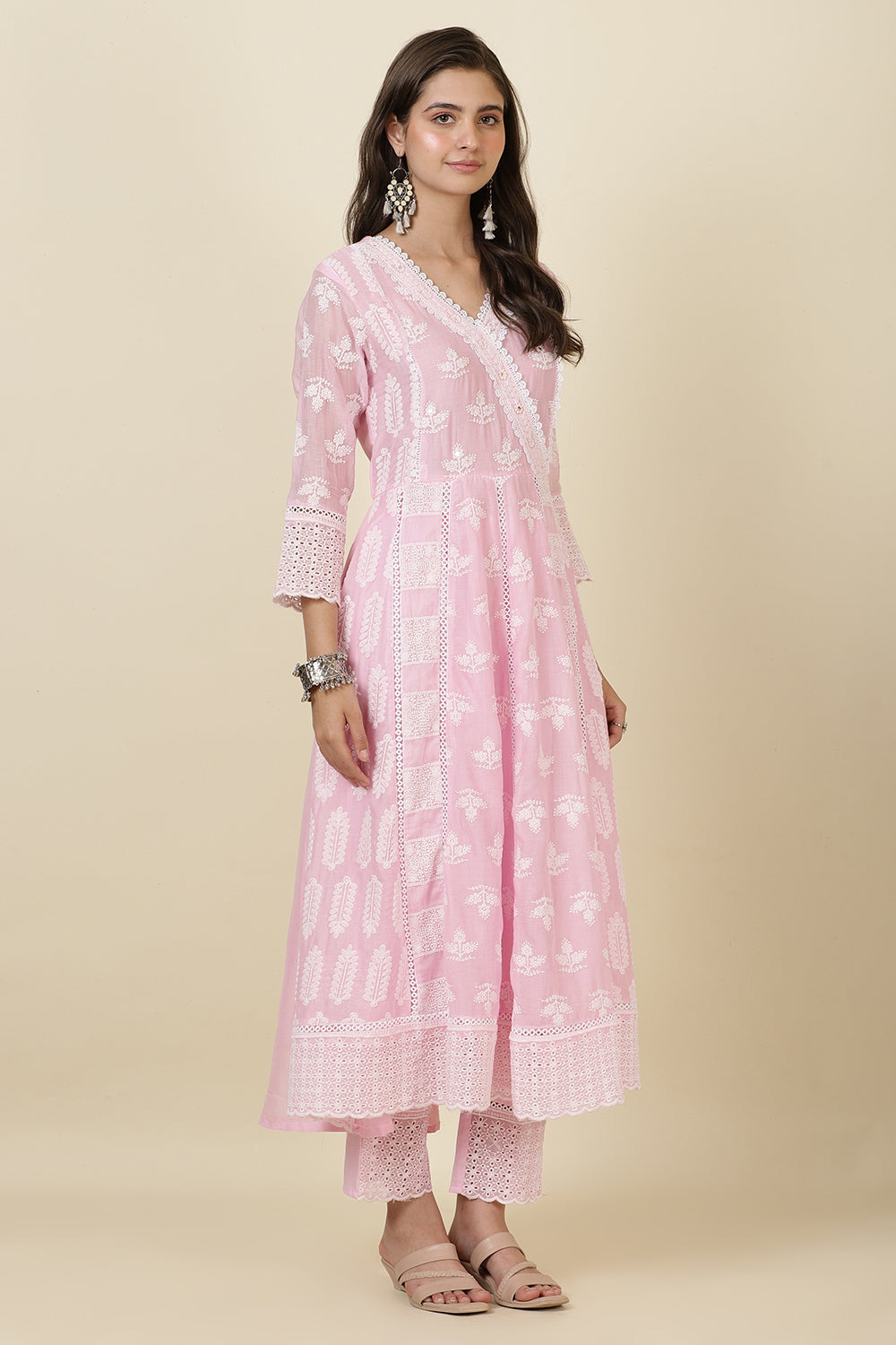 Pink Cotton Resham Embroidered and Lace Work Anarkali Suit