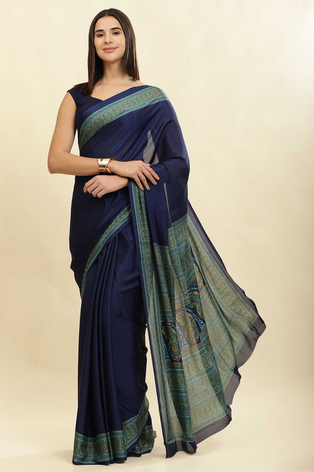 Navy Crepe Printed Saree
