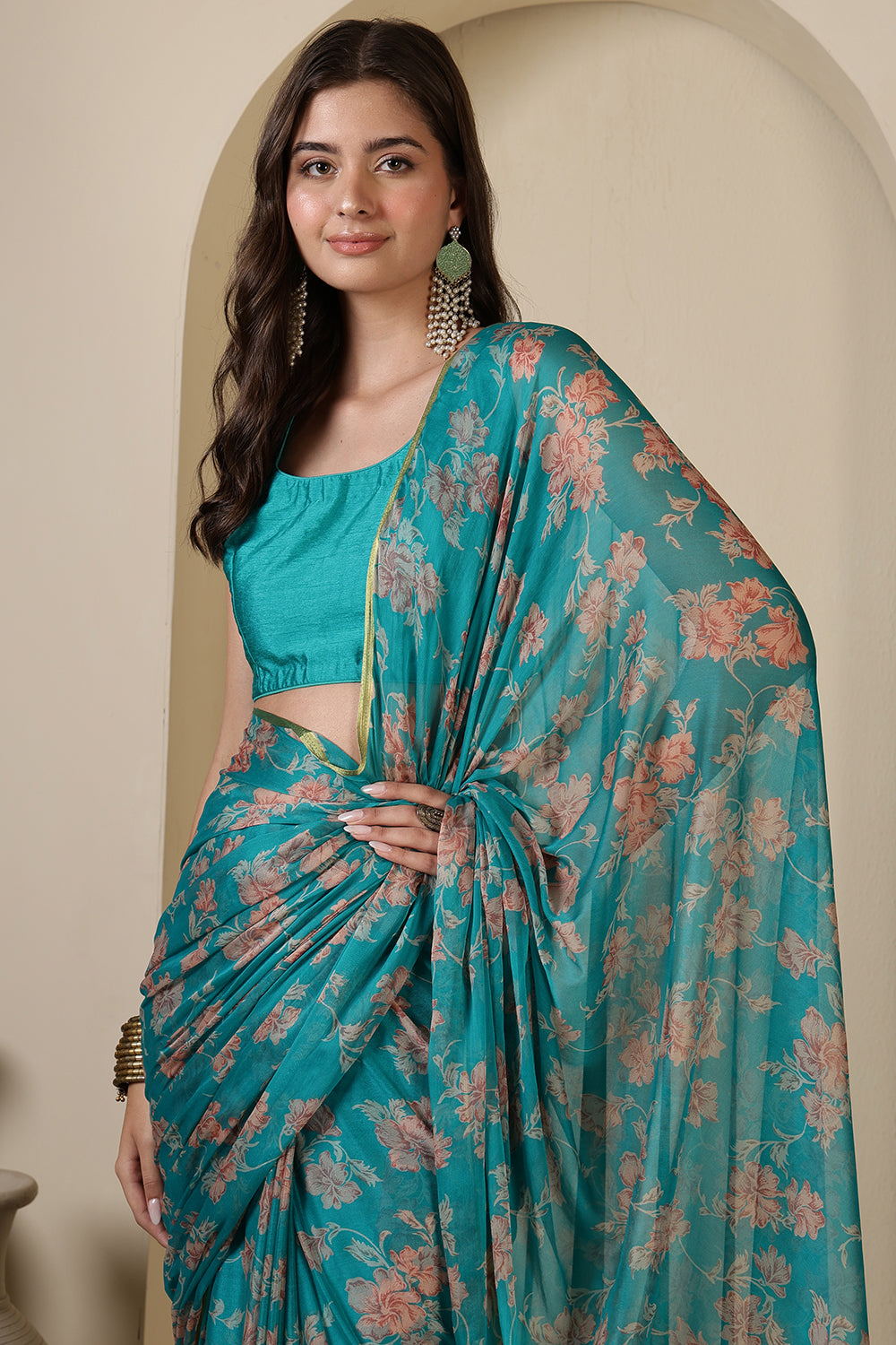 Turquoise  Chiffon Floral Zari Border & Floral Printed Saree