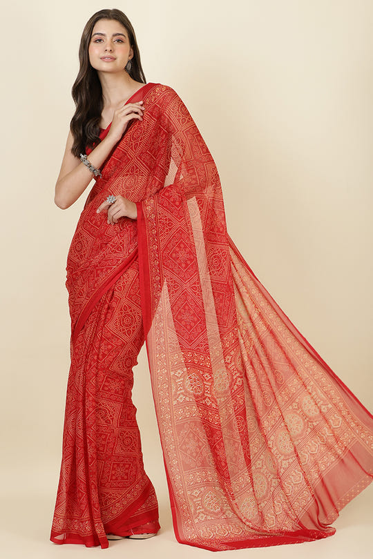 Red Georgette Bandhani Printed Saree