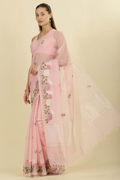 Pink Kota Cotton Floral Resham Embroidered And Zari Woven Saree