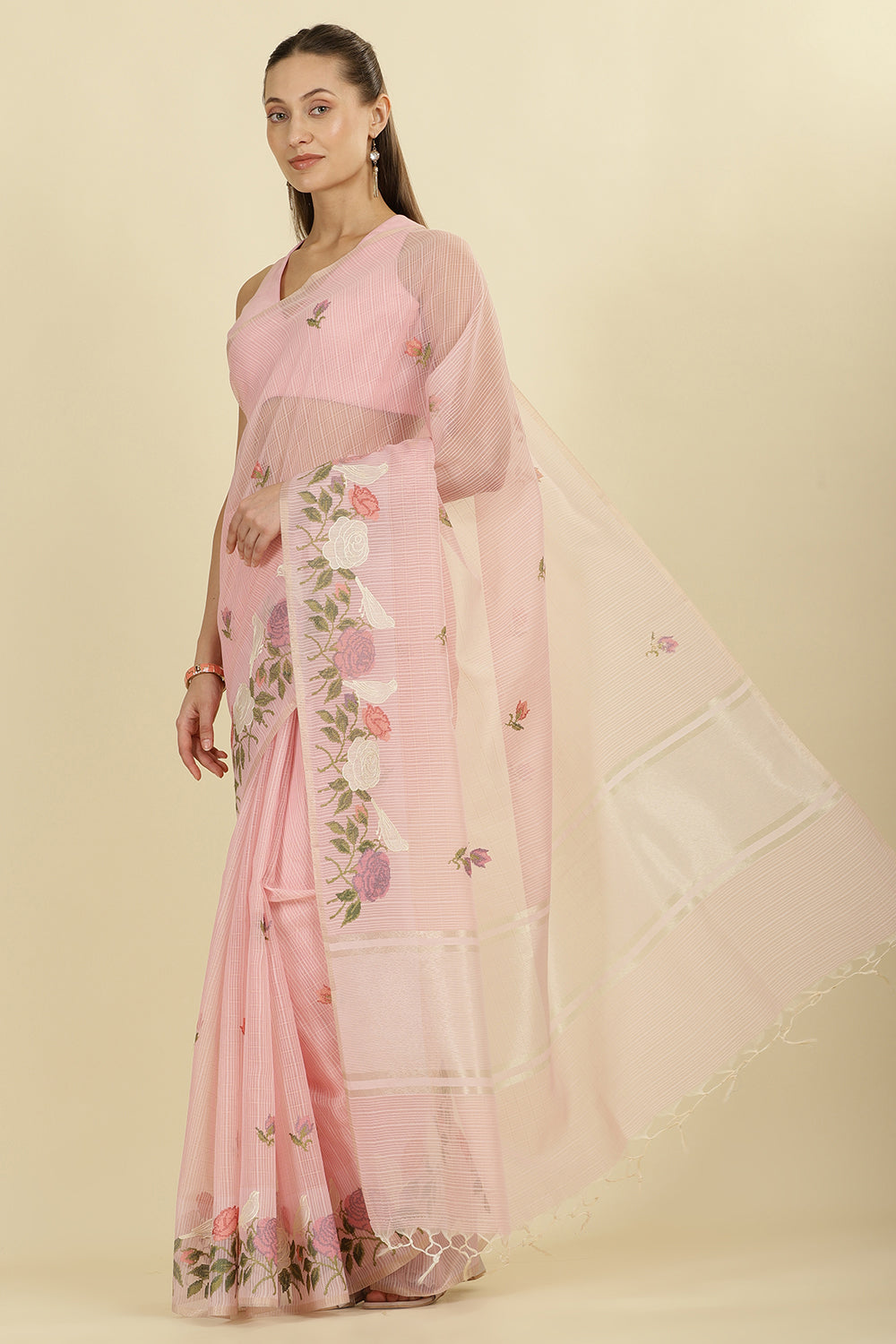 Pink Kota Cotton Floral Resham Embroidered And Zari Woven Saree